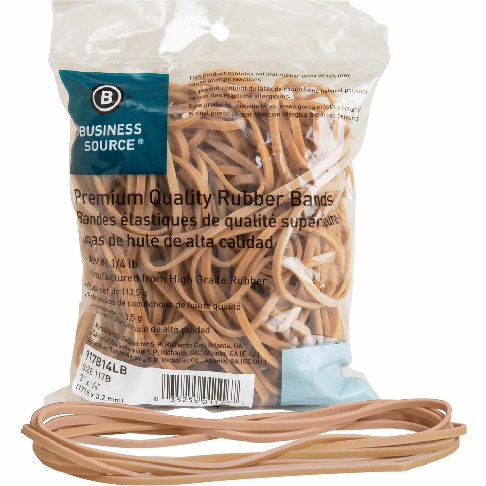 Business Source Rubber Bands - Size: #117B - 7" Length x 125 mil Thickness - Stretchable - Natural - 1 Bag
