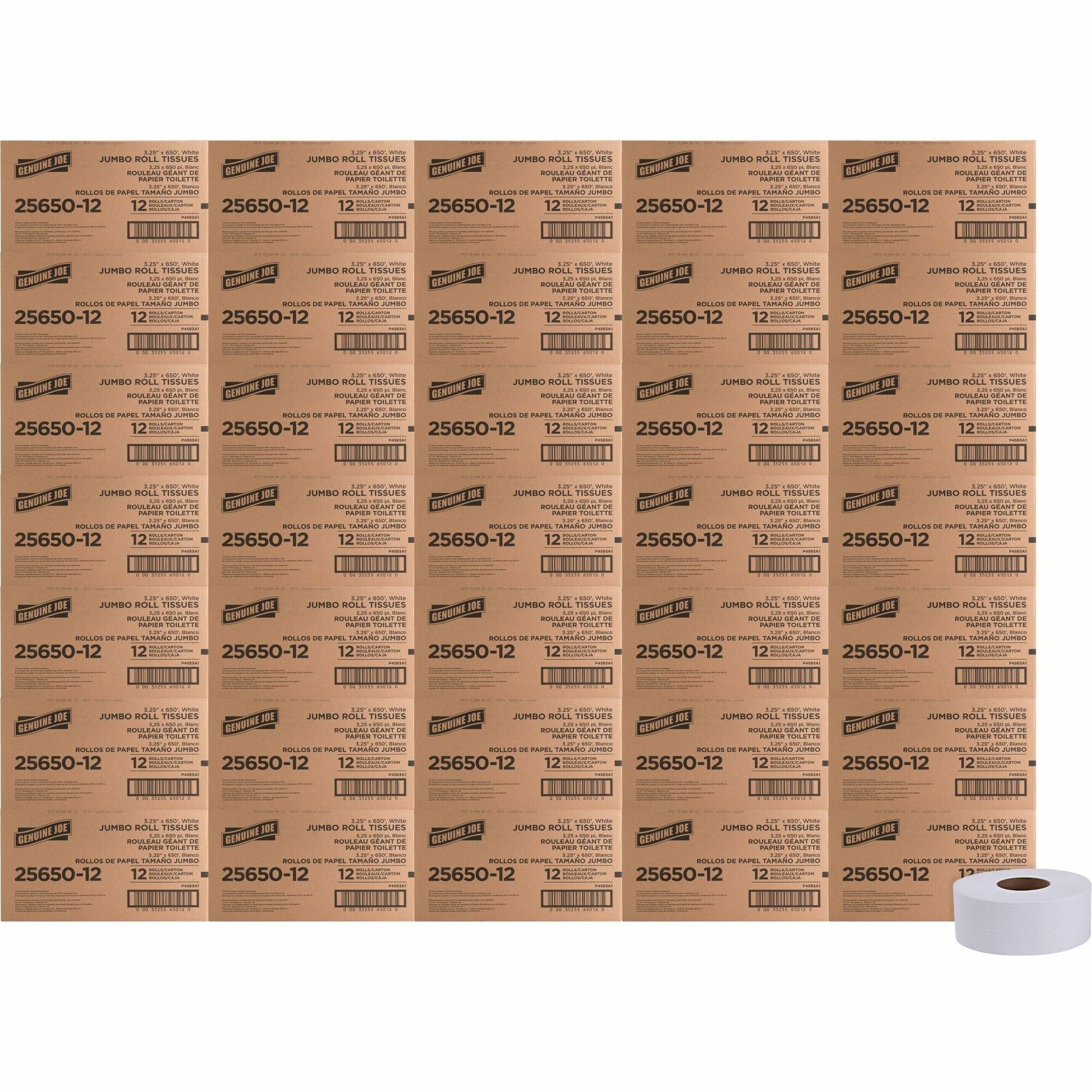 Genuine Joe 2-ply Jumbo Roll Dispenser Bath Tissue - 2 Ply - 3.30" Width x 650 ft Length - White - 648 / Pallet