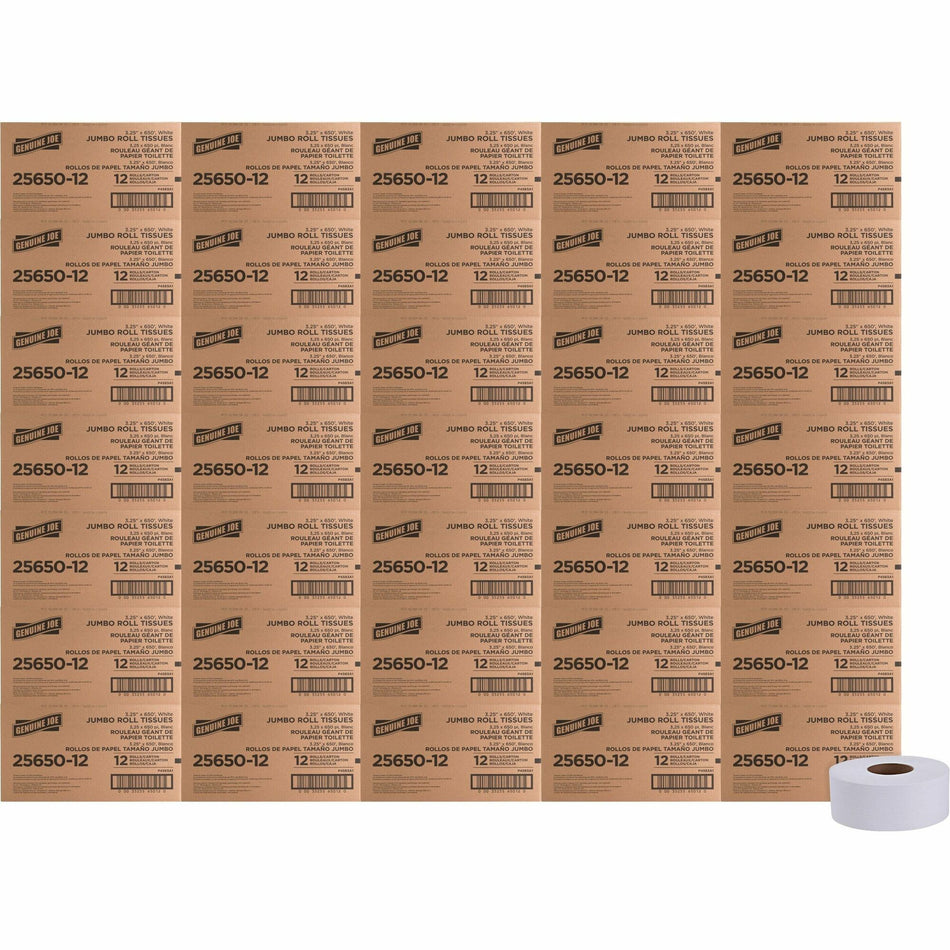 Genuine Joe 2-ply Jumbo Roll Dispenser Bath Tissue - 2 Ply - 3.30" Width x 650 ft Length - White - 648 / Pallet