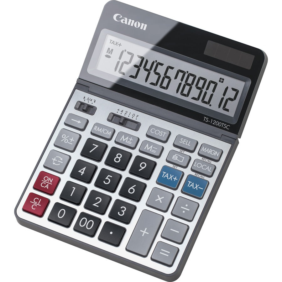 Canon TS1200TSC 12-digit Desktop Calculator - Extra Large Display - 12 Digits - LCD - Solar Powered - 7" Height x 5" Width x 0.7" Depth - Metal - Desktop - 1 Each