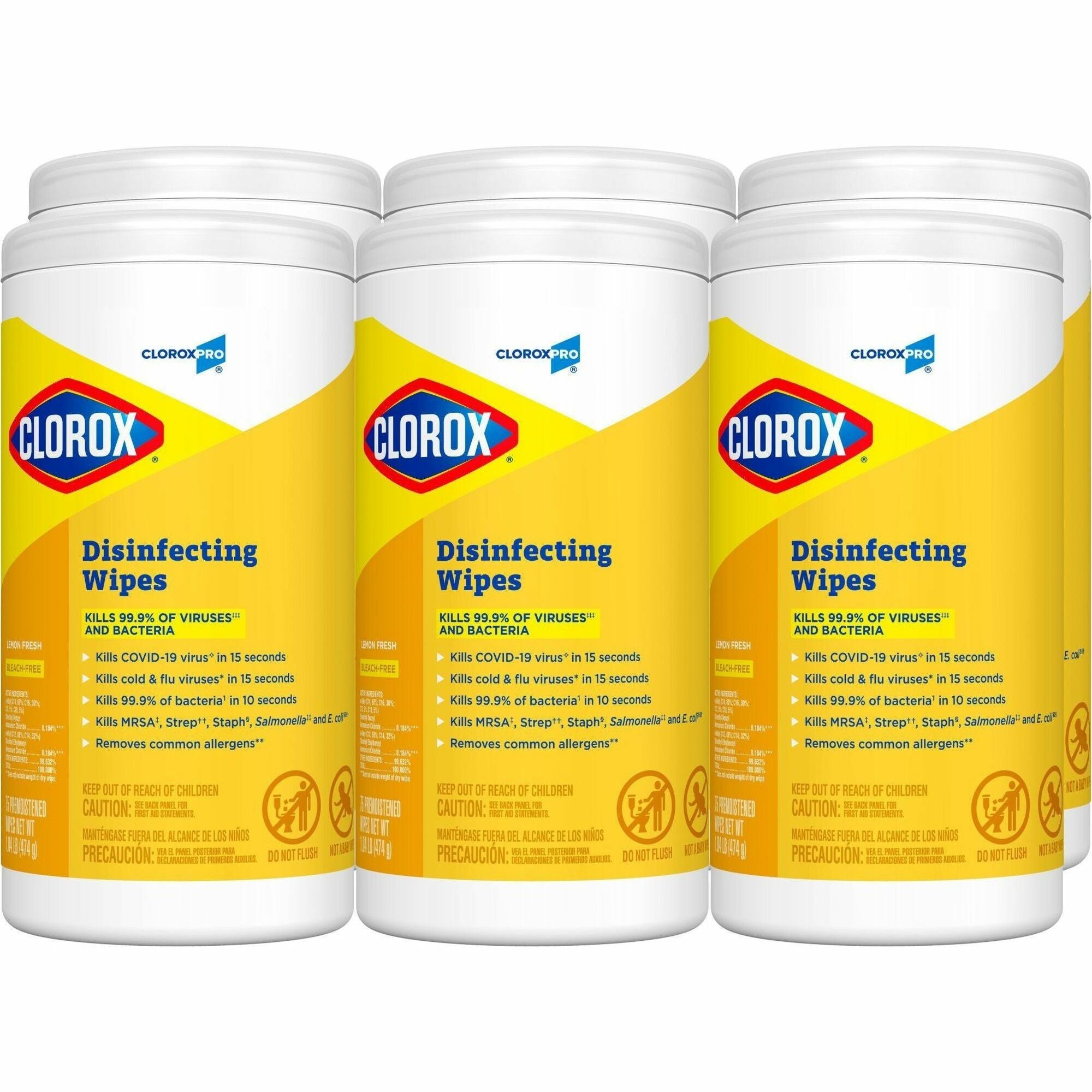 CloroxPro&trade; Disinfecting Wipes - Ready-To-Use - Lemon Fresh Scent - Pre-moistened, Bleach-free, Phosphorous-free, Easy Tear, Easy to Use, Antibacterial - Yellow - 75/Tub - 240 / Bundle