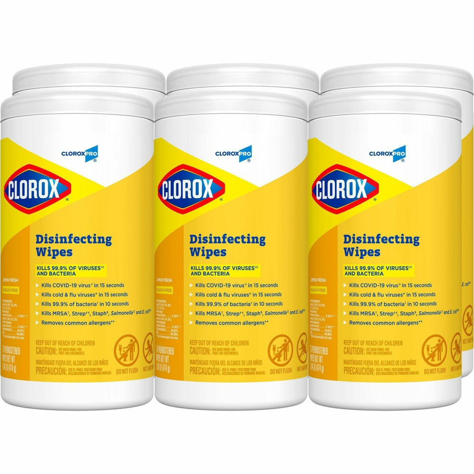 CloroxPro&trade; Disinfecting Wipes - Ready-To-Use - Lemon Fresh Scent - Bleach-free, Pre-moistened, Phosphorous-free, Easy Tear, Easy to Use, Antibacterial - Yellow - 75/Tub - 480 / Pallet