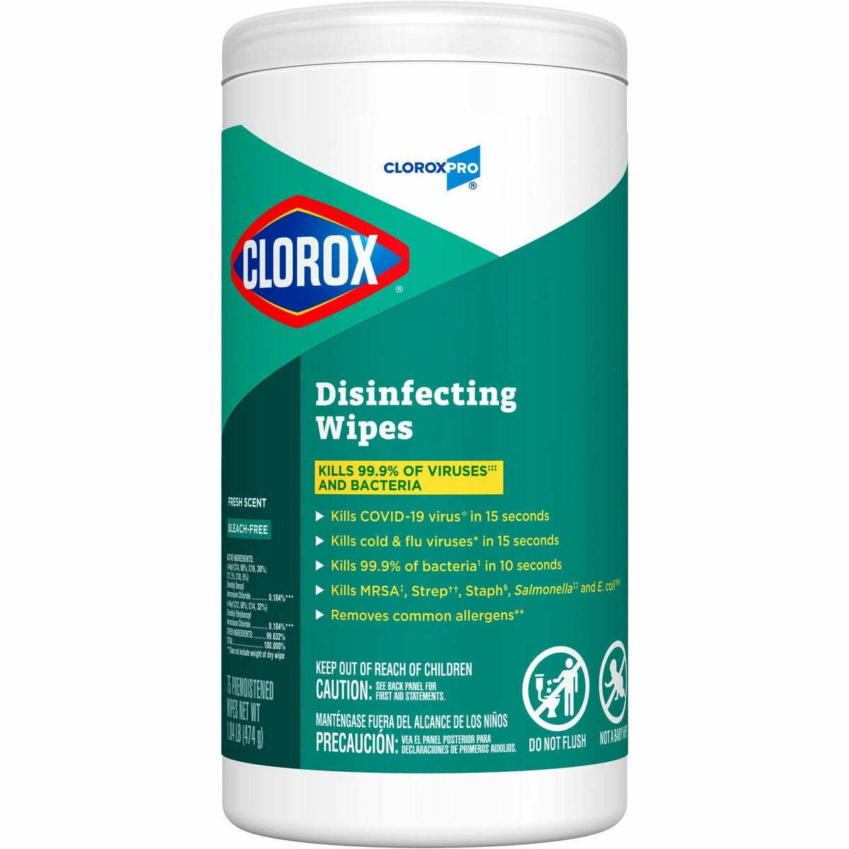 CloroxPro&trade; Disinfecting Wipes - Ready-To-Use - Fresh Scent - Easy Tear, Pre-moistened, Bleach-free, Phosphorous-free, Easy to Use, Antibacterial - Green - 75/Tub - 240 / Bundle