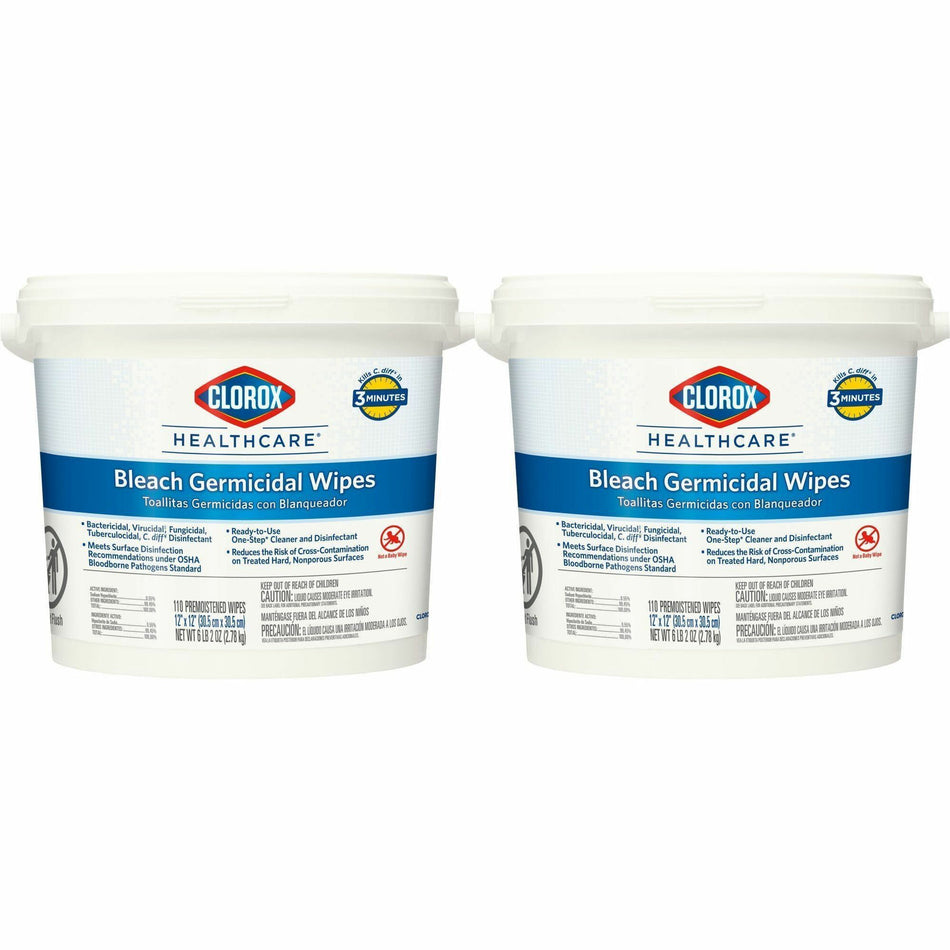 Clorox Healthcare Bleach Germicidal Wipes Bucket - Ready-To-Use - 12" Length x 12" Width - Anti-corrosive, Antibacterial - White - 110/Tub - 100 / Pallet
