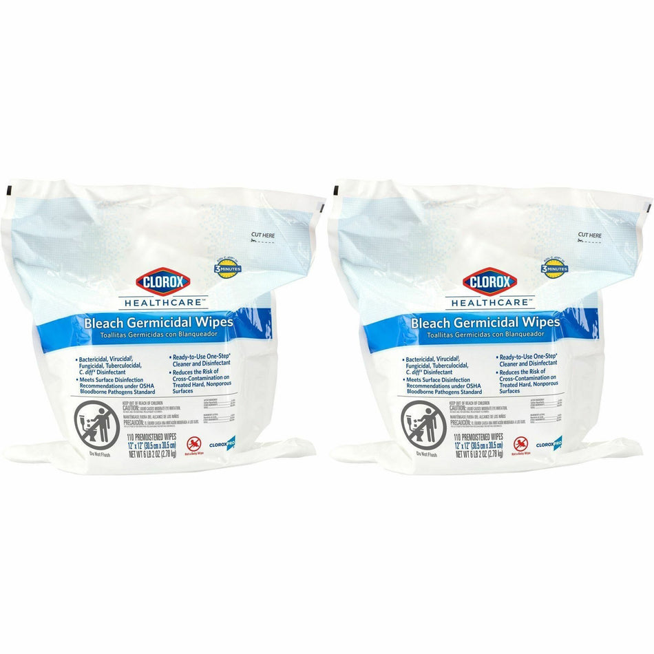 Clorox Healthcare Bleach Germicidal Wipes Bucket Refill - Ready-To-Use - 12" Length x 12" Width - Anti-corrosive - White - 110/Bag - 100 / Bundle