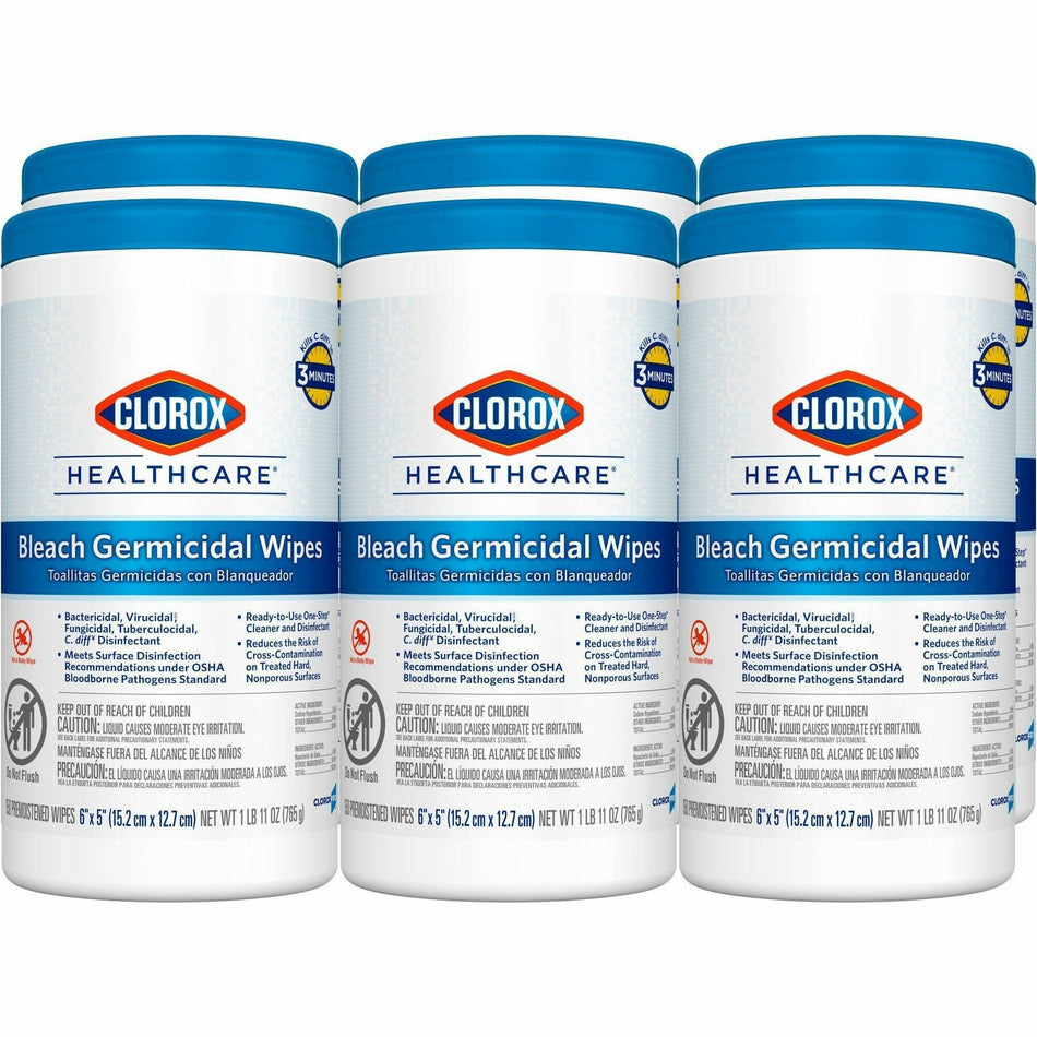 Clorox Healthcare Bleach Germicidal Wipes - Ready-To-Use - 5" Length x 6" Width - Anti-corrosive, Residue-free - White - 150/Tub - 150 / Bundle