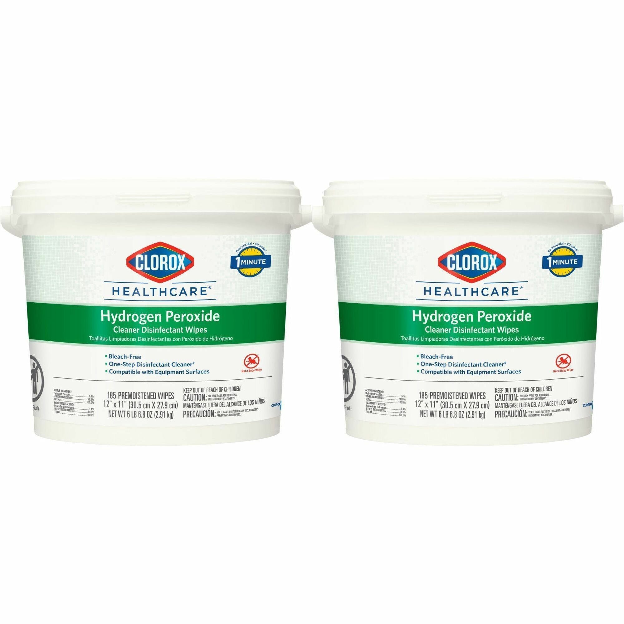 Clorox Healthcare Hydrogen Peroxide Cleaner Disinfectant Wipes - 11" Length x 12" Width - Bleach-free, Antibacterial - White - 185/Tub - 2 / Carton