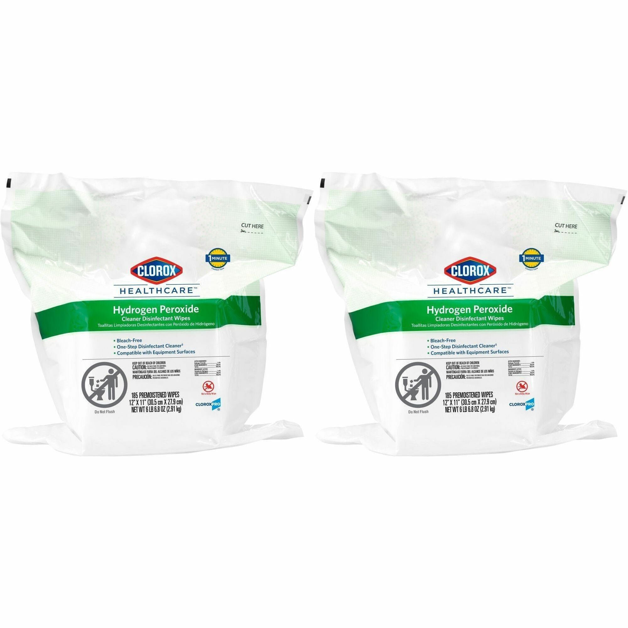 Clorox Healthcare Clorox Healthcare Hydrogen Peroxide Cleaner Disinfectant Wipes Bucket Refill - 11" Length x 12" Width - Bleach-free, Antibacterial - White - 185/Pack - 100 / Bundle