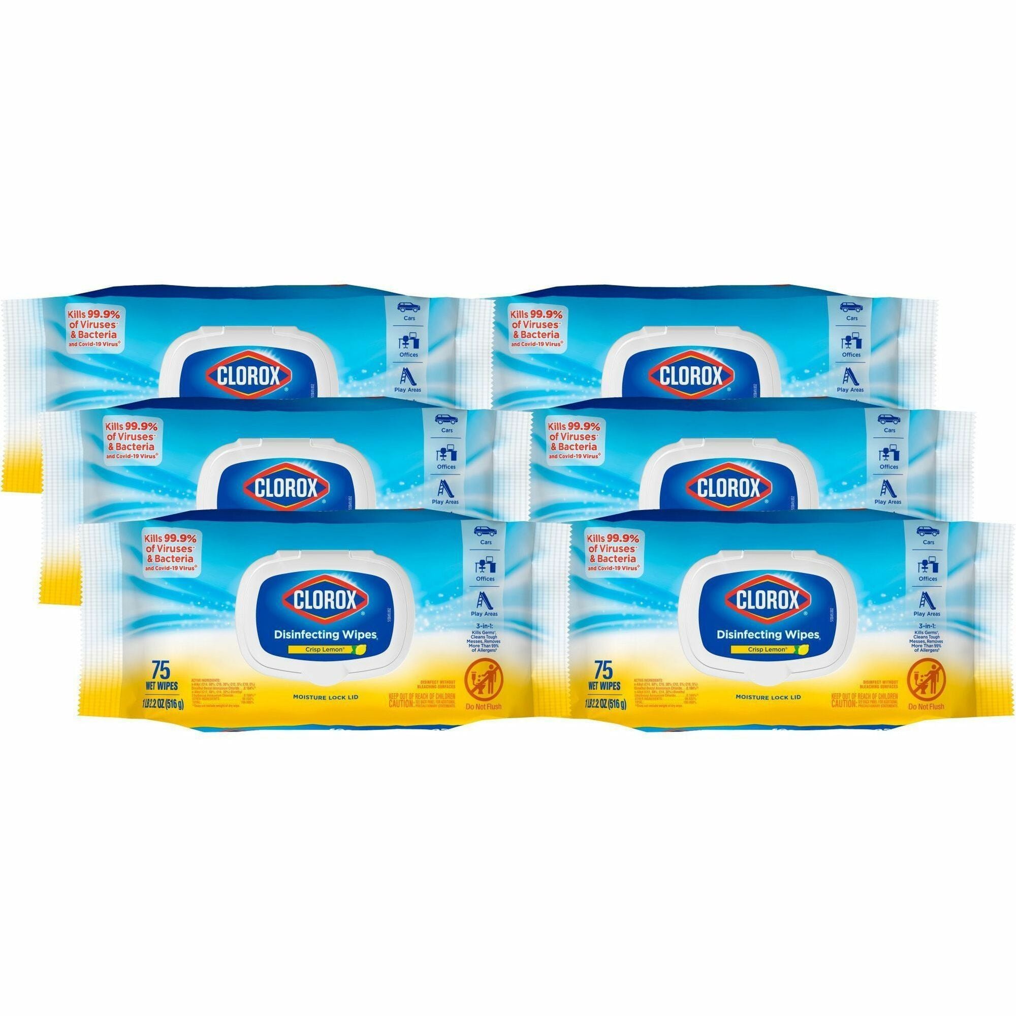 Clorox Disinfecting Cleaning Wipes Flex Pack - Crisp Lemon Scent - Bleach-free, Antibacterial - White - 75/Pack - 6 / Carton