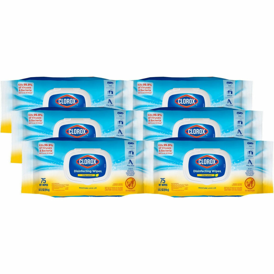 Clorox Disinfecting Cleaning Wipes Flex Pack - Crisp Lemon Scent - Bleach-free, Antibacterial - White - 75/Pack - 600 / Pallet