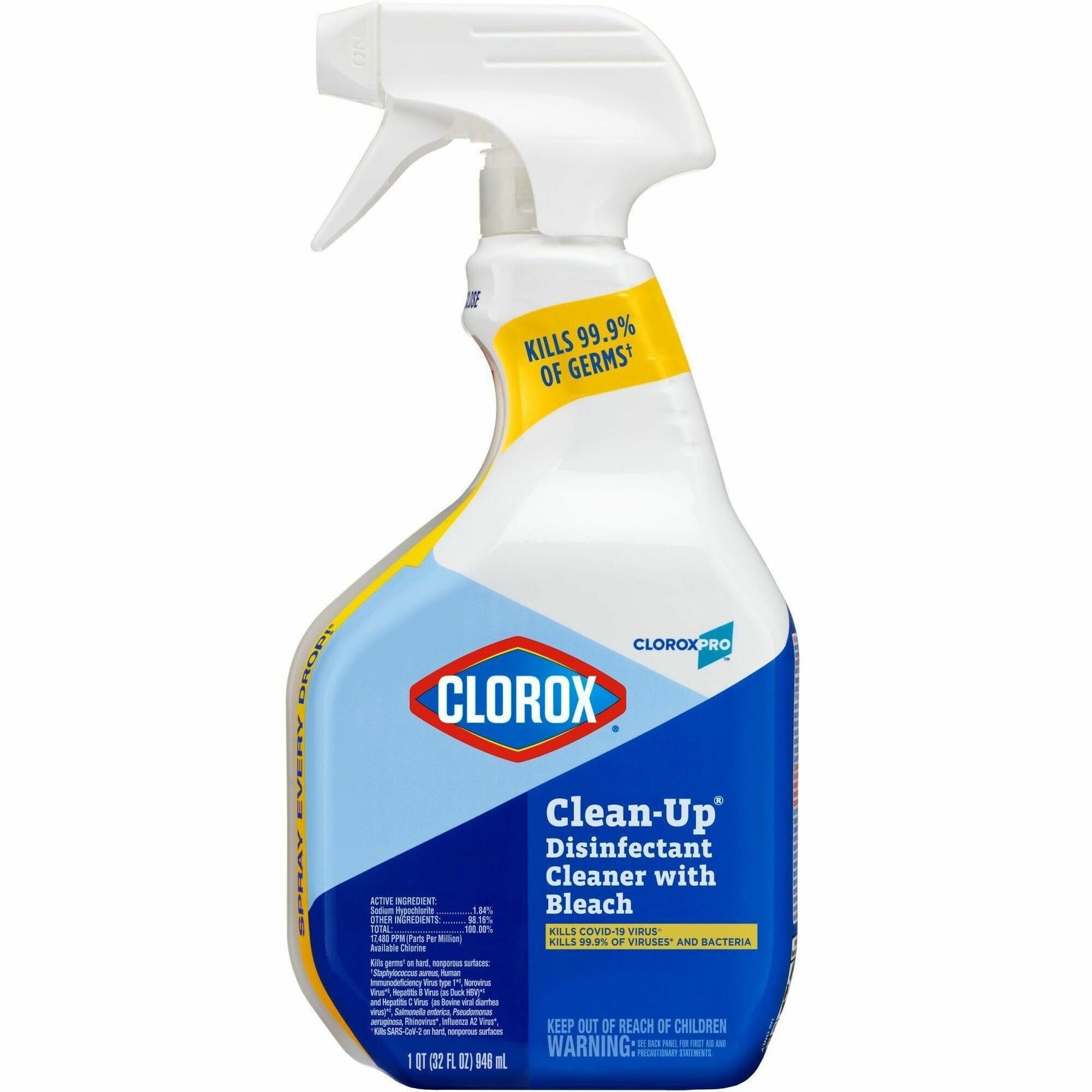 CloroxPro&trade; Clean-Up Disinfectant Cleaner Spray with Bleach - Ready-To-Use - 32 fl oz (1 quart) - Antibacterial, Disinfectant - Clear - 432 / Pallet