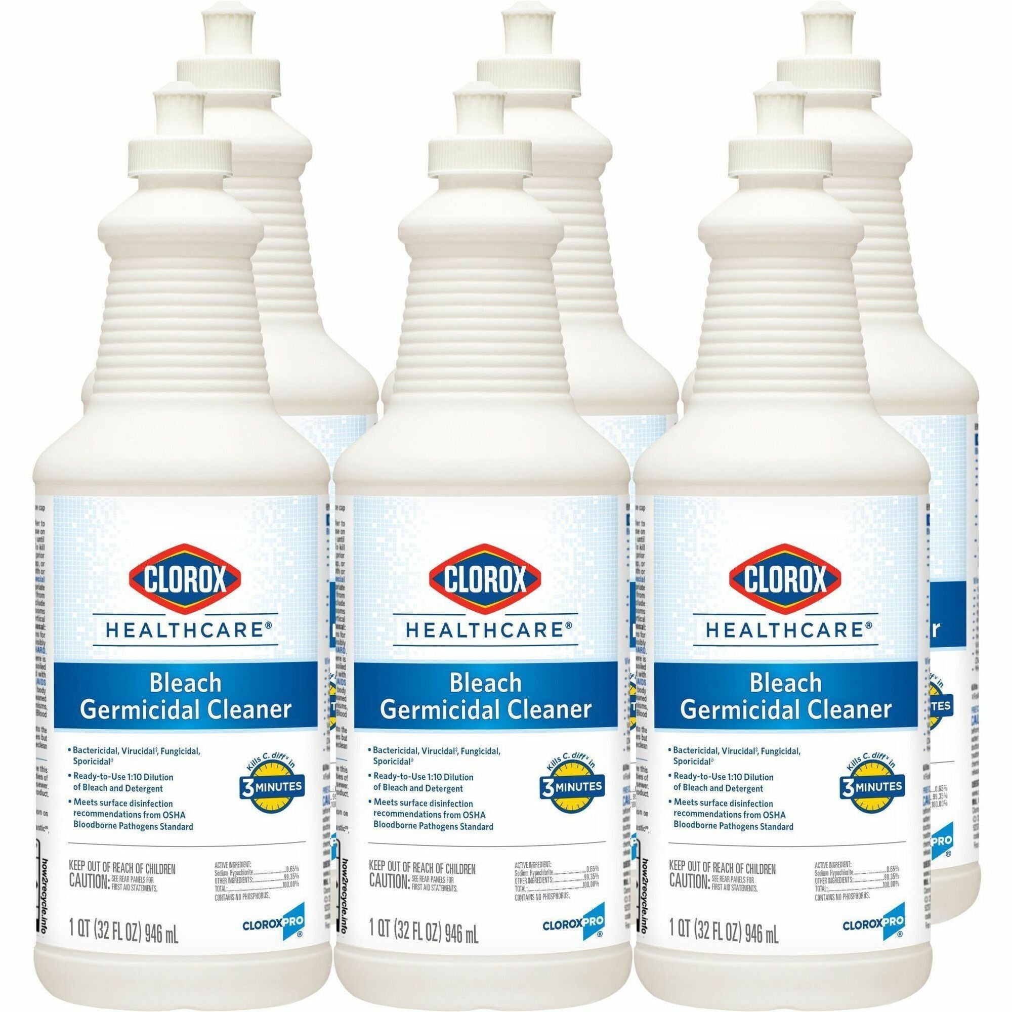 Clorox Healthcare Pull-Top Bleach Germicidal Cleaner - Ready-To-Use - 32 fl oz (1 quart) - Anti-corrosive, Antibacterial, Disinfectant - White - 180 / Bundle