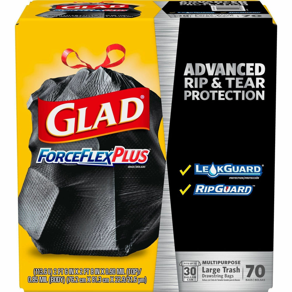 Glad Large Drawstring Trash Bags - ForceFlexPlus - 30 gal Capacity - 1.05 mil (27 Micron) Thickness - Drawstring Closure - Black - Kitchen, Outdoor, Commercial, Office - 70/Box - 78 / Bundle