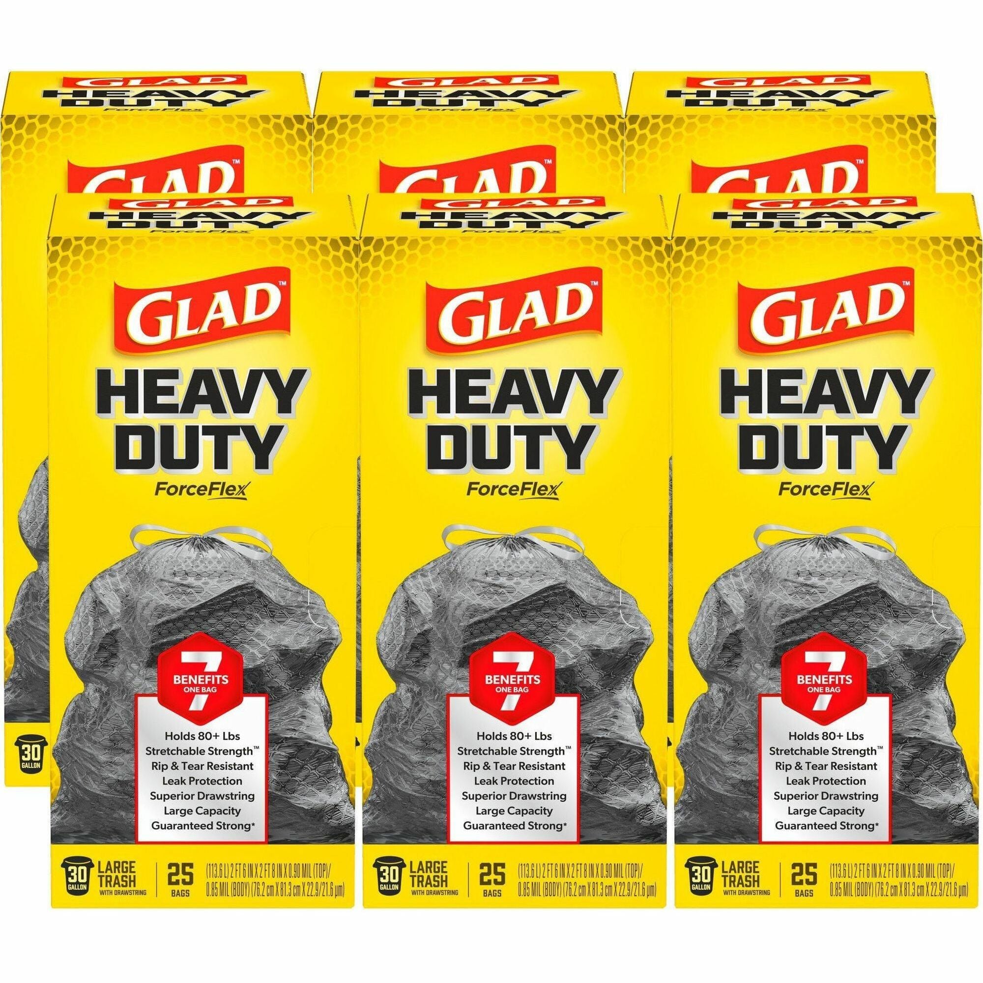 Glad ForceFlexPlus Large Drawstring Trash Bags - 30 gal - 0.90 mil - Black - 25/Box - & Liners