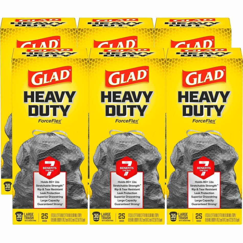 Glad ForceFlexPlus Large Drawstring Trash Bags - Large Size - 30 gal Capacity - 0.90 mil (23 Micron) Thickness - Drawstring Closure - Black - Home, Office, Can - 25/Box - 6 / Carton