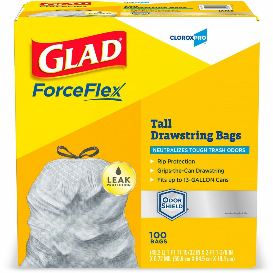 CloroxPro&trade; Glad® ForceFlex Tall Kitchen Drawstring Trash Bags - 13 gal Capacity - 0.90 mil (23 Micron) Thickness - Drawstring Closure - Gray - Kitchen, Can, Office, Breakroom, School, Restaurant, Commercial, Cafeteria - 100/Box - 156 / Pallet