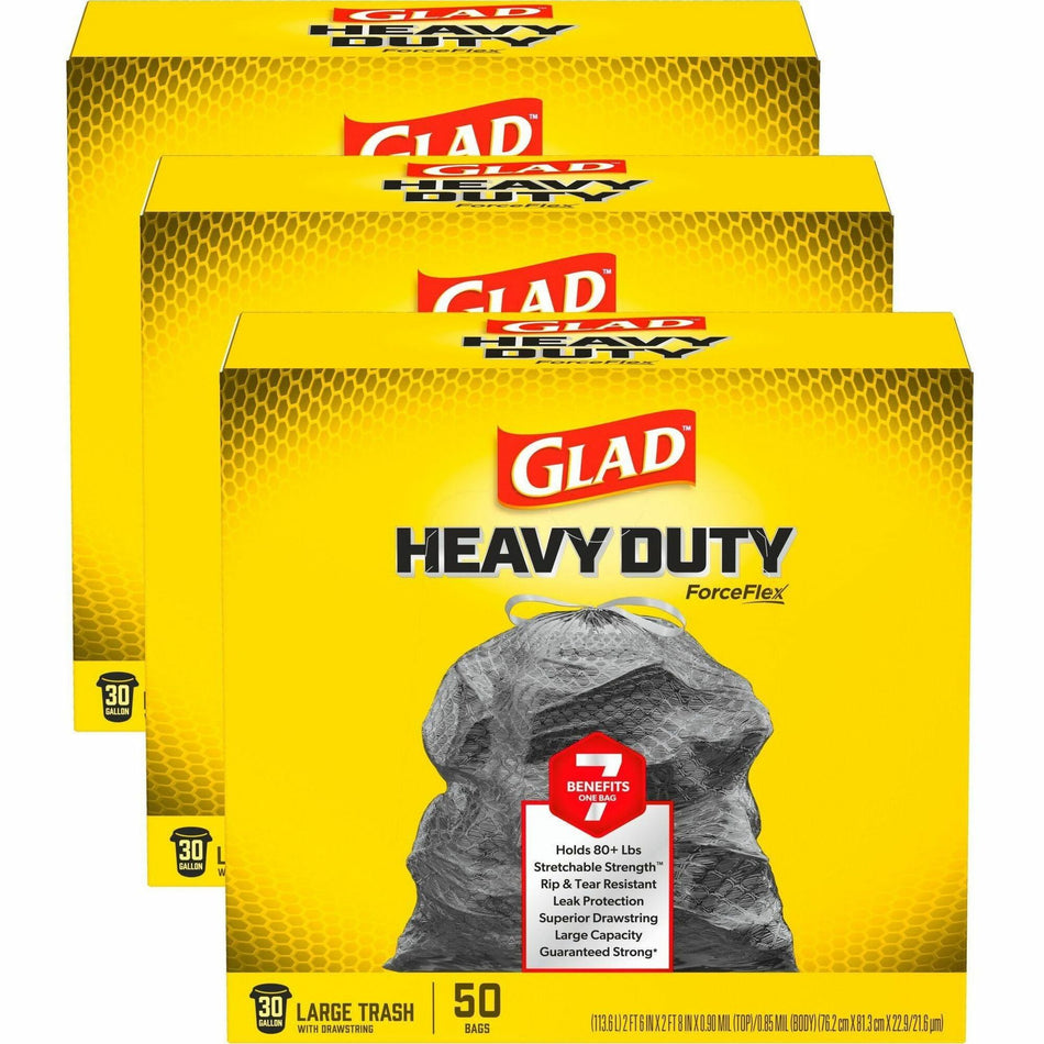 Glad ForceFlexPlus Drawstring Large Trash Bags - Large Size - 30 gal Capacity - 32.01" Length x 30" Width x 0.90 mil (23 Micron) Thickness - Drawstring Closure - Black - Garbage, Indoor, Outdoor, Home, Office, Restaurant, Commercial - 50/Box - 78 / Bundle