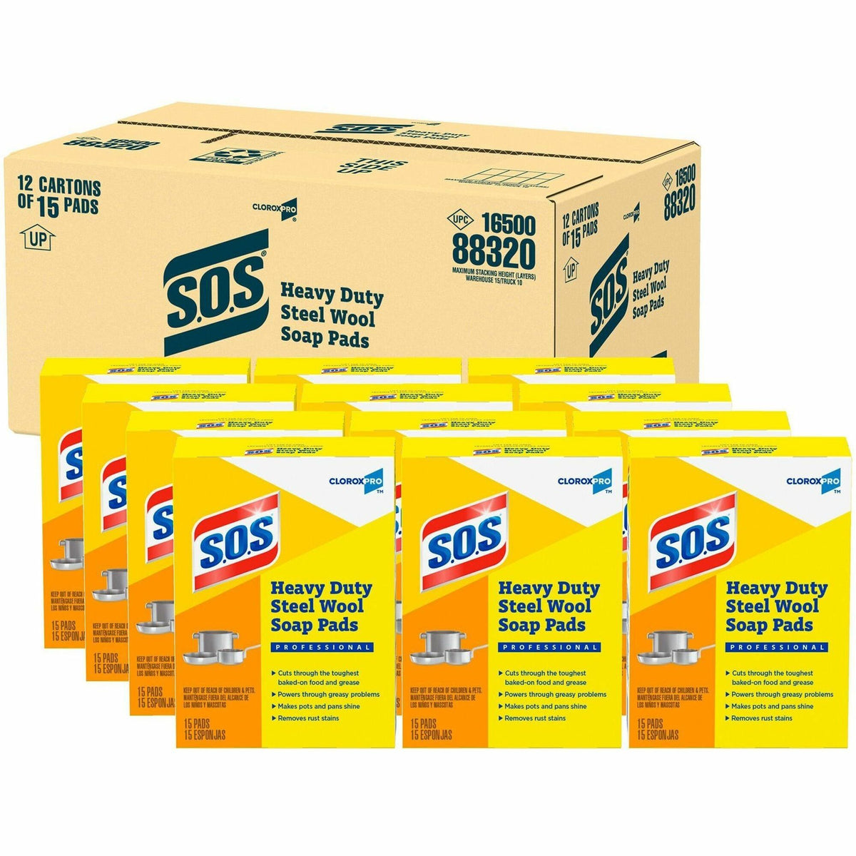 CloroxPro&trade; S.O.S® Steel Wool Soap Pads - 4" Length x 5" Width - Heavy Duty - Gray, Blue - 15/Box - 240 / Bundle