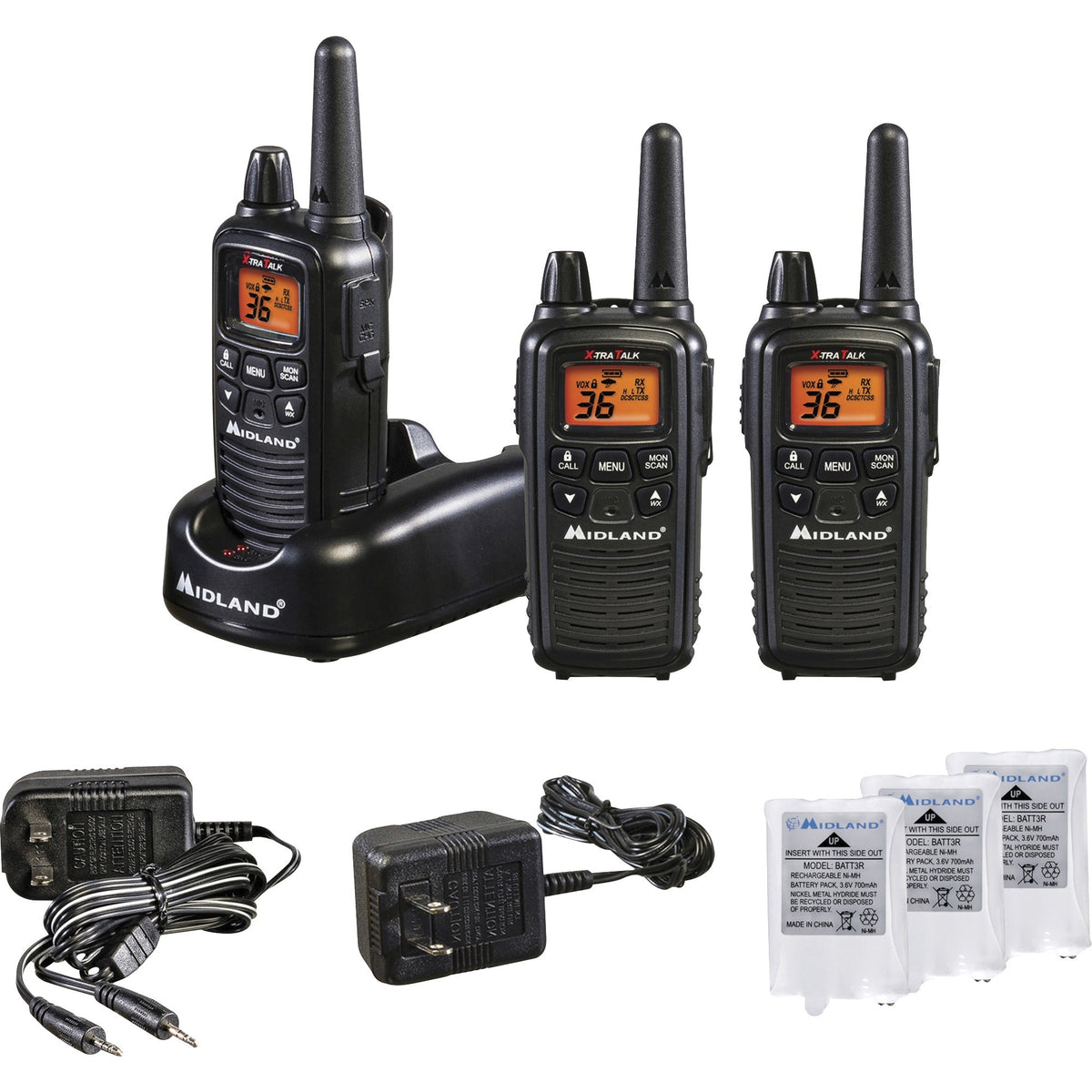 Midland LXT633VP3 Two-Way Radio Three Pack - 22 Radio Channels - Upto 158400 ft - 121 Total Privacy Codes - Silent Operation, Hands-free - AAA - Nickel Metal Hydride (NiMH) - Black - 3 / Each