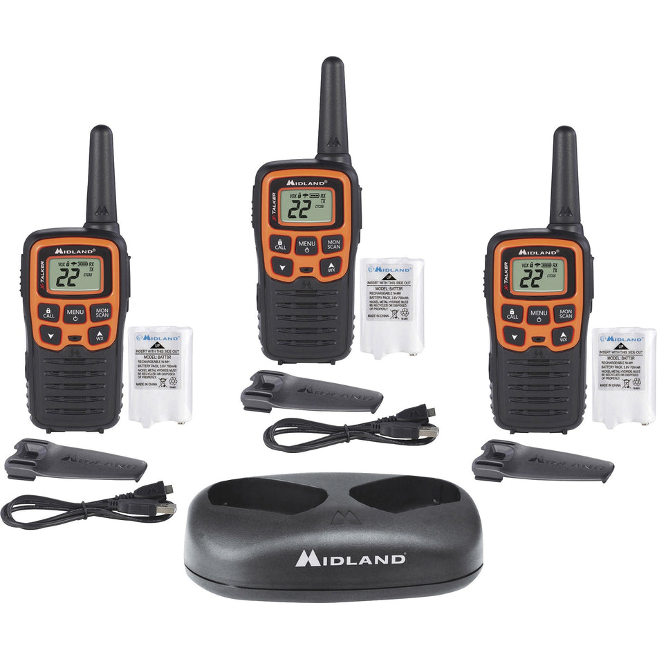 Midland X-TALKER T51X3VP3 Walkie Talkie Three Pack - 22 Radio Channels - 22 FRS - Upto 147840 ft - 38 Total Privacy Codes - Hands-free - Black, Orange - 3 / Each