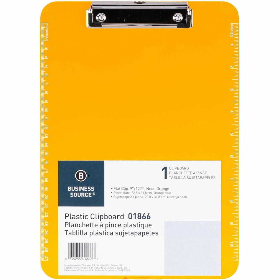 Business Source Flat Clip Clipboard - 9" x 12" Sheet Size - Plastic - Neon Orange - 1 Each