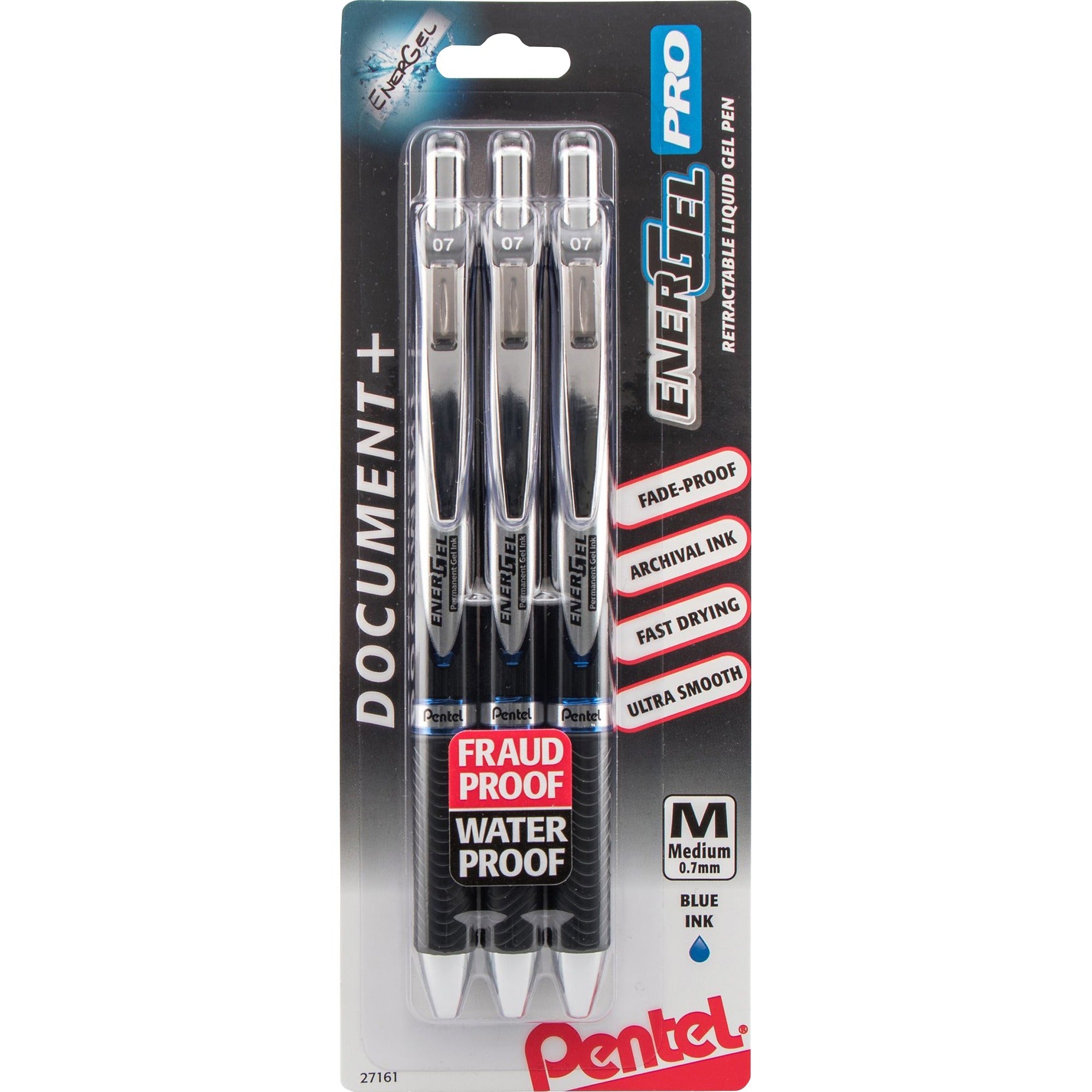 EnerGel PRO Retractable Liquid Gel Ink Pens - 0.7 mm Medium Pen Point - Refillable - Retractable - Blue Ink - Gel-based - Black Stainless Steel Barrel - Metal Tip - 3 / Pack