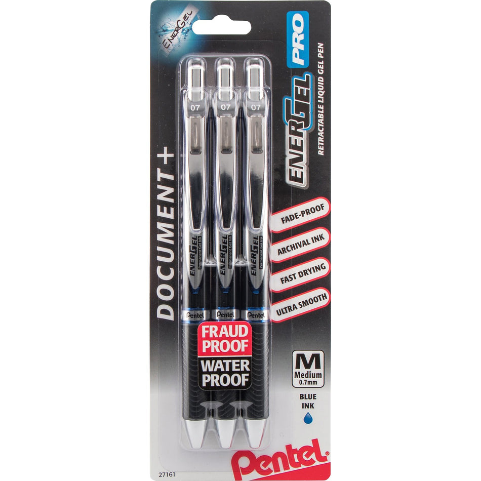 EnerGel PRO Retractable Liquid Gel Ink Pens - 0.7 mm Medium Pen Point - Refillable - Retractable - Blue Ink - Gel-based - Black Stainless Steel Barrel - Metal Tip - 3 / Pack