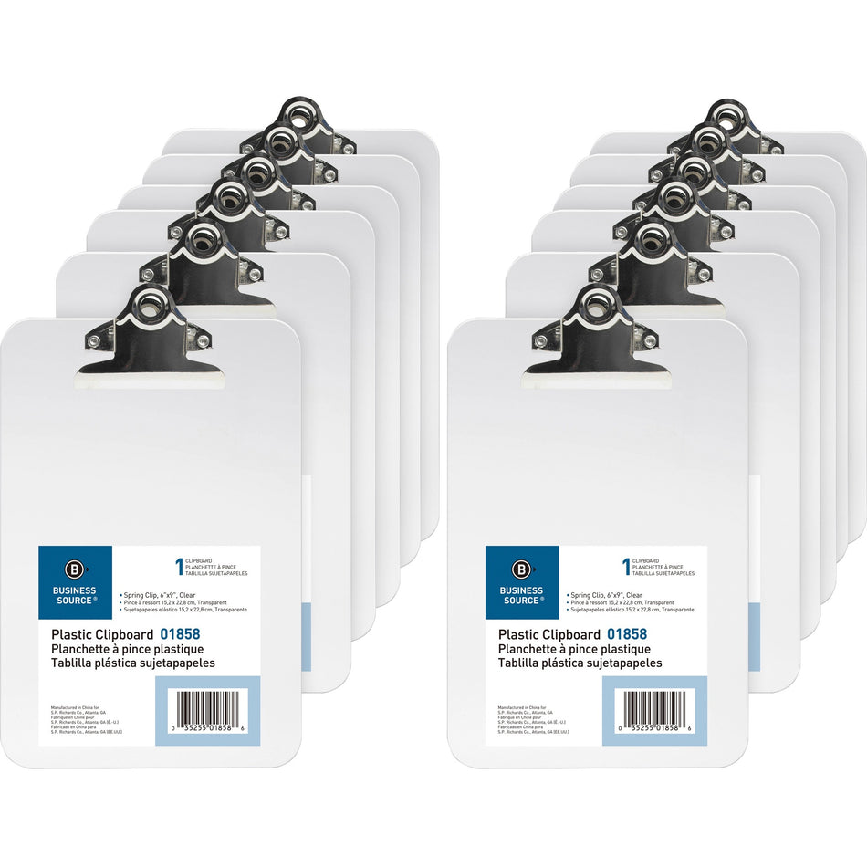 Business Source Plastic Clipboard - 6" x 9" Sheet Size - Spring Clip - Plastic - Clear - 12 / Box