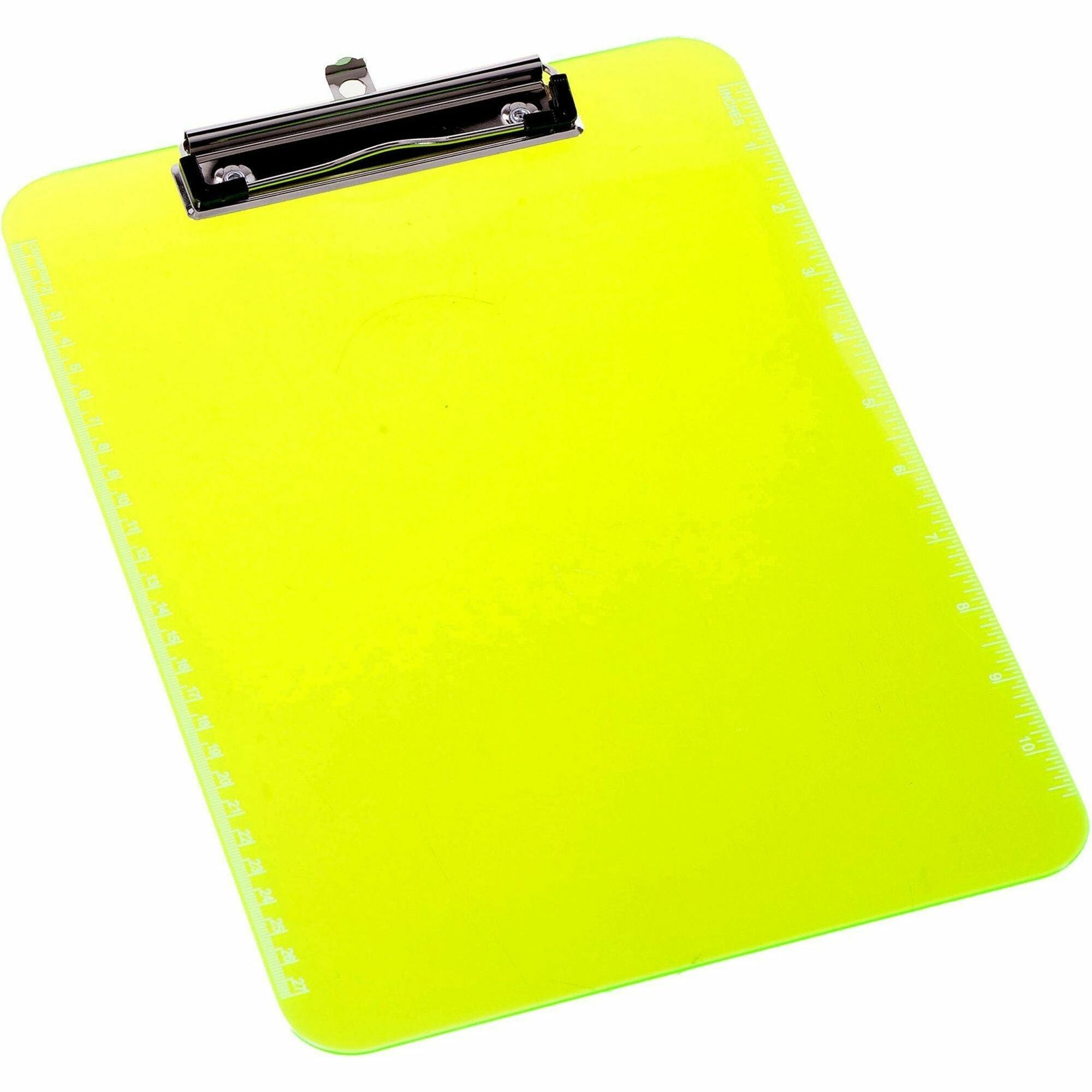 Business Source Flat Clip Clipboard - 9" x 12" Sheet Size - Plastic - Neon Green - 6 / Bundle