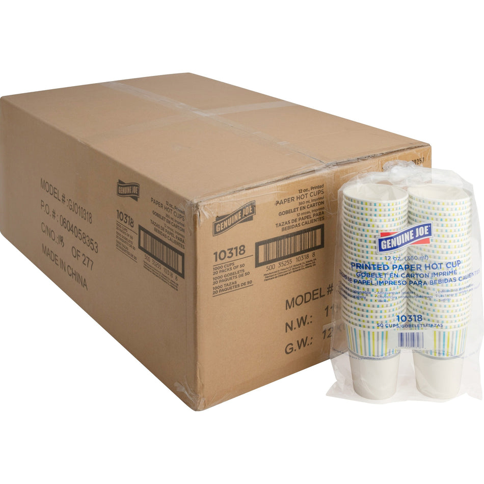 Genuine Joe 12 oz Hot Beverage Cups - 12 fl oz - Assorted - Paper - Hot Chocolate, Cappuccino, Tea, Coffee, Beverage - 50/Pack - 20 / Carton