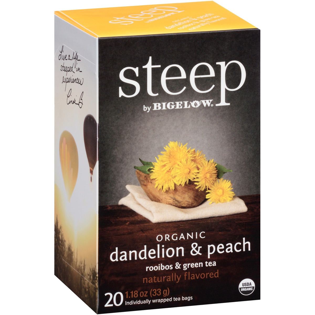 Steep by Bigelow® Organic Dandelion & Peach Rooibos & Green Tea Herbal Tea, Green Tea Bag - Herbal Tea, Green Tea - 1.2 oz - 20 Teabag - GMO Free - Kosher - Organic - 20 / Box