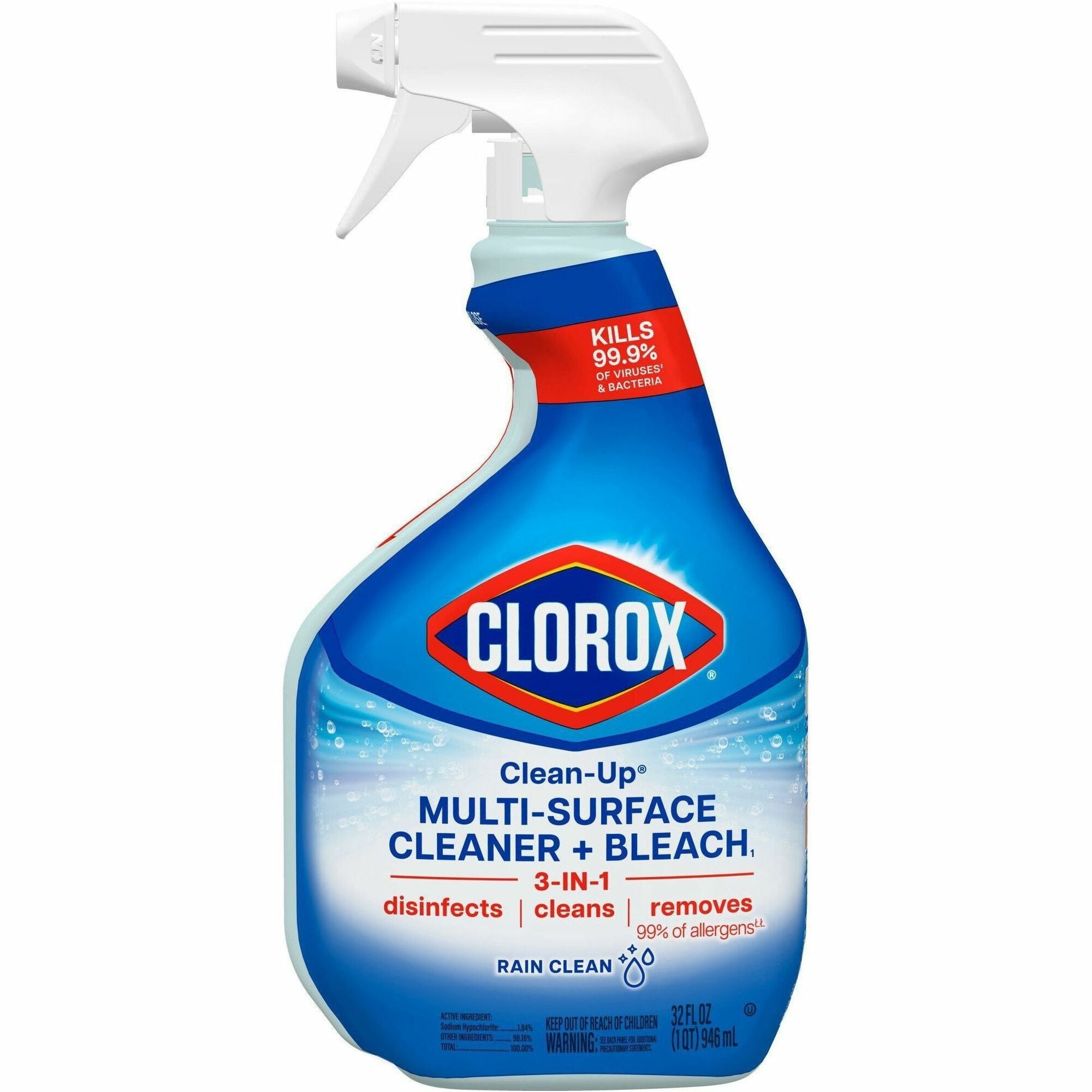 Clorox Clean-Up Multi-Surface Cleaner with Bleach - For Multipurpose - 32 fl oz (1 quart) - Rain Clean Scent - Recommended For: Stain Remover - Deodorize, Disinfectant, Easy to Use - Multi Spray Bottle - 1 Each