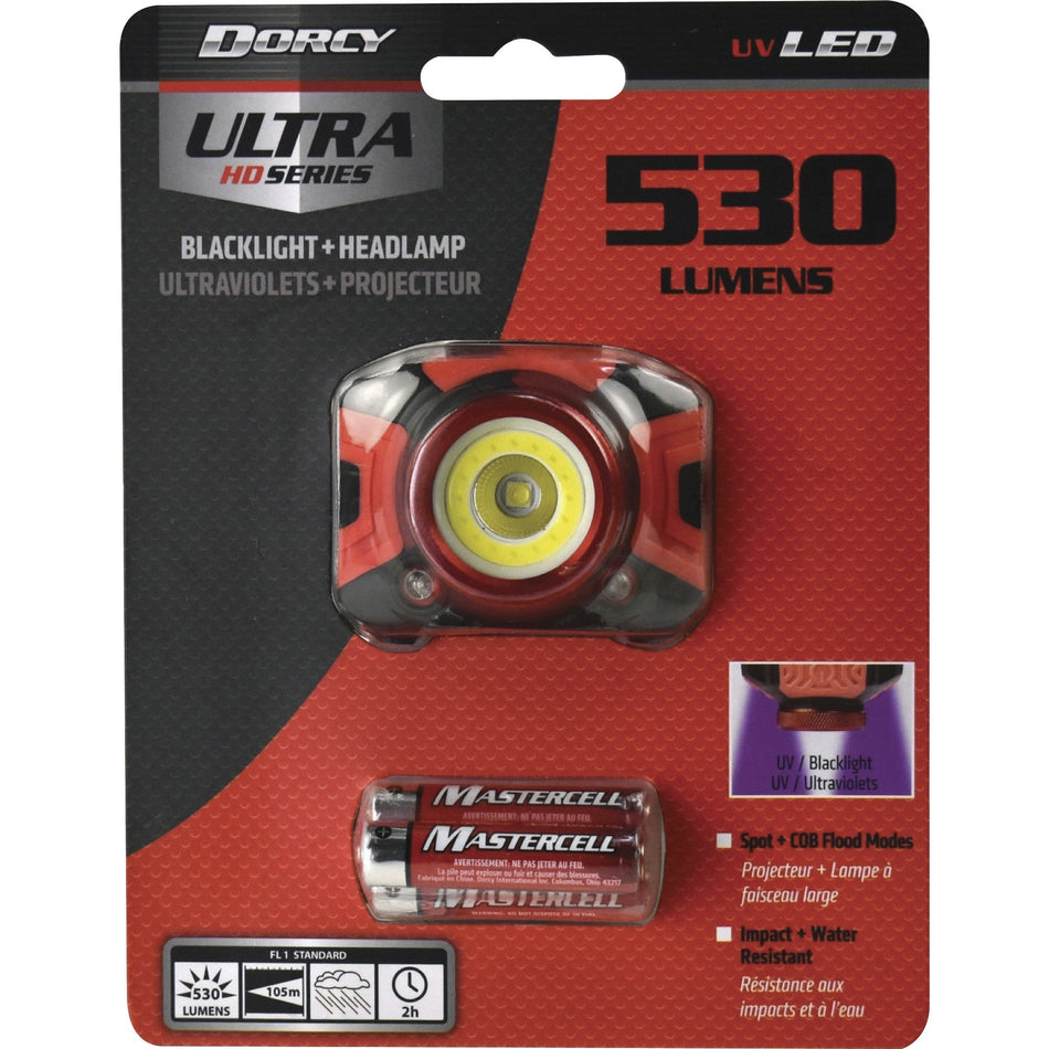 Dorcy Ultra HD 530 Lumen Headlamp - 530 lm Lumen - AAA - Battery - Water Resistant - Black, Red - 1 Each