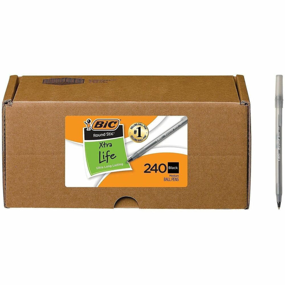 BIC Round Stic Ballpoint Pen - Black Ink - Translucent Barrel - 240 / Carton