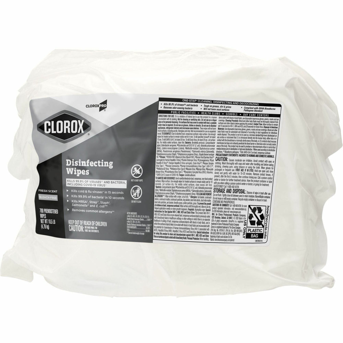CloroxPro&trade; Disinfecting Wipes - For Multipurpose - Fresh Scent - 7" Length x 7" Width - Bleach-free, Pre-moistened, Antibacterial - White - 700/Bag - 1 Each