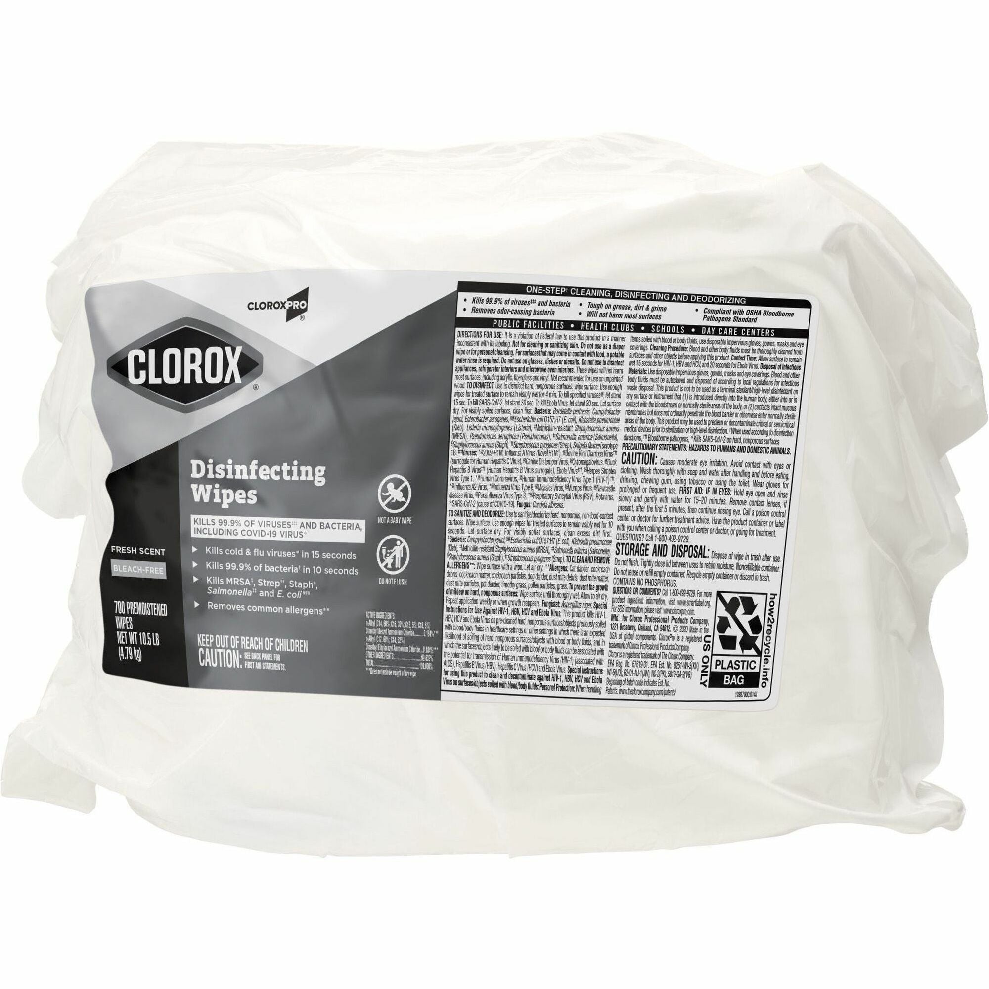 CloroxPro&trade; Disinfecting Wipes - For Multipurpose - Fresh Scent - 7" Length x 7" Width - Bleach-free, Pre-moistened, Antibacterial - White - 700/Bag - 1 Each
