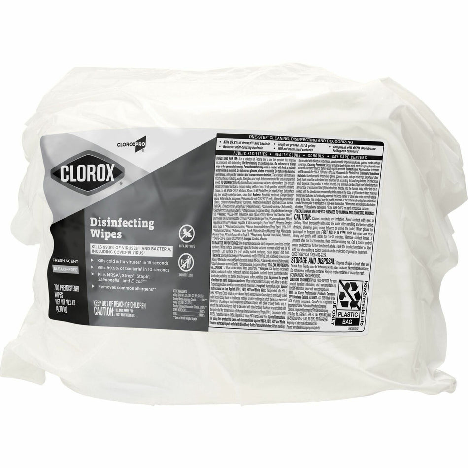 CloroxPro&trade; Disinfecting Wipes - For Multipurpose - Fresh Scent - 7" Length x 7" Width - Bleach-free, Pre-moistened, Antibacterial - White - 700/Bag - 1 Each