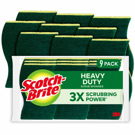 Scotch-Brite Heavy-Duty Scrub Sponges - 2.8" Height x 4.5" Width - 9 / Pack - Yellow, Green
