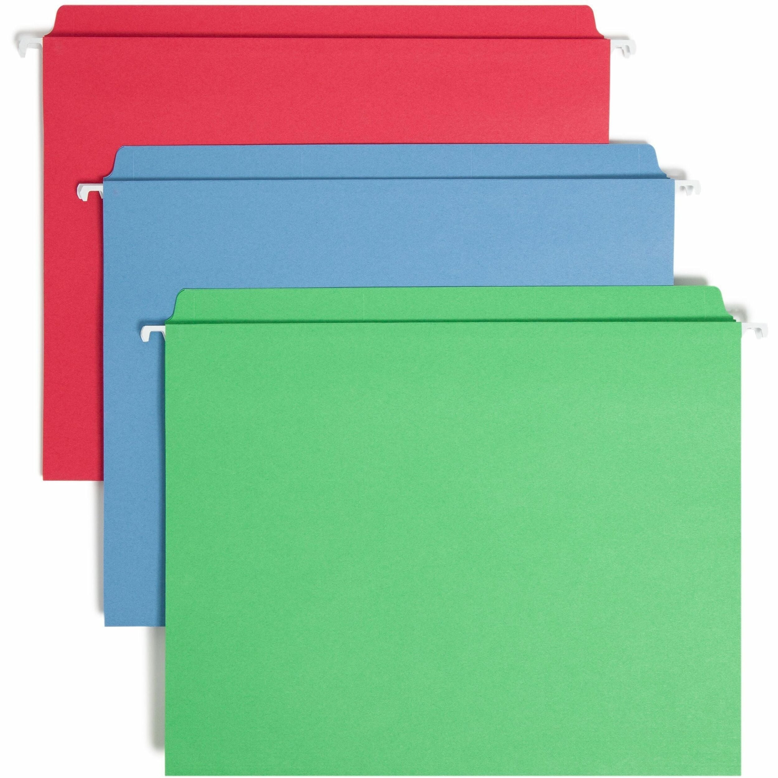 Smead FasTab Straight Tab Cut Letter Recycled Hanging Folder - 8 1/2" x 11" - Assorted Tab Position - 11 pt. - Blue, Green, Red - 10% Recycled - 18 / Box