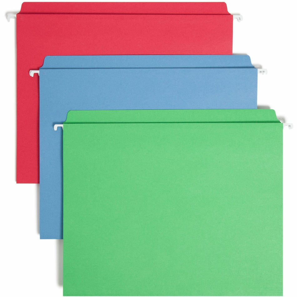 Smead FasTab Straight Tab Cut Letter Recycled Hanging Folder - 8 1/2" x 11" - Assorted Tab Position - 11 pt. - Blue, Green, Red - 10% Recycled - 18 / Box