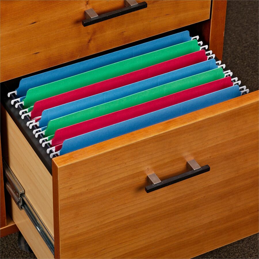 Smead FasTab Straight Tab Cut Letter Recycled Hanging Folder - 8 1/2" x 11" - Assorted Tab Position - 11 pt. - Blue, Green, Red - 10% Recycled - 18 / Box