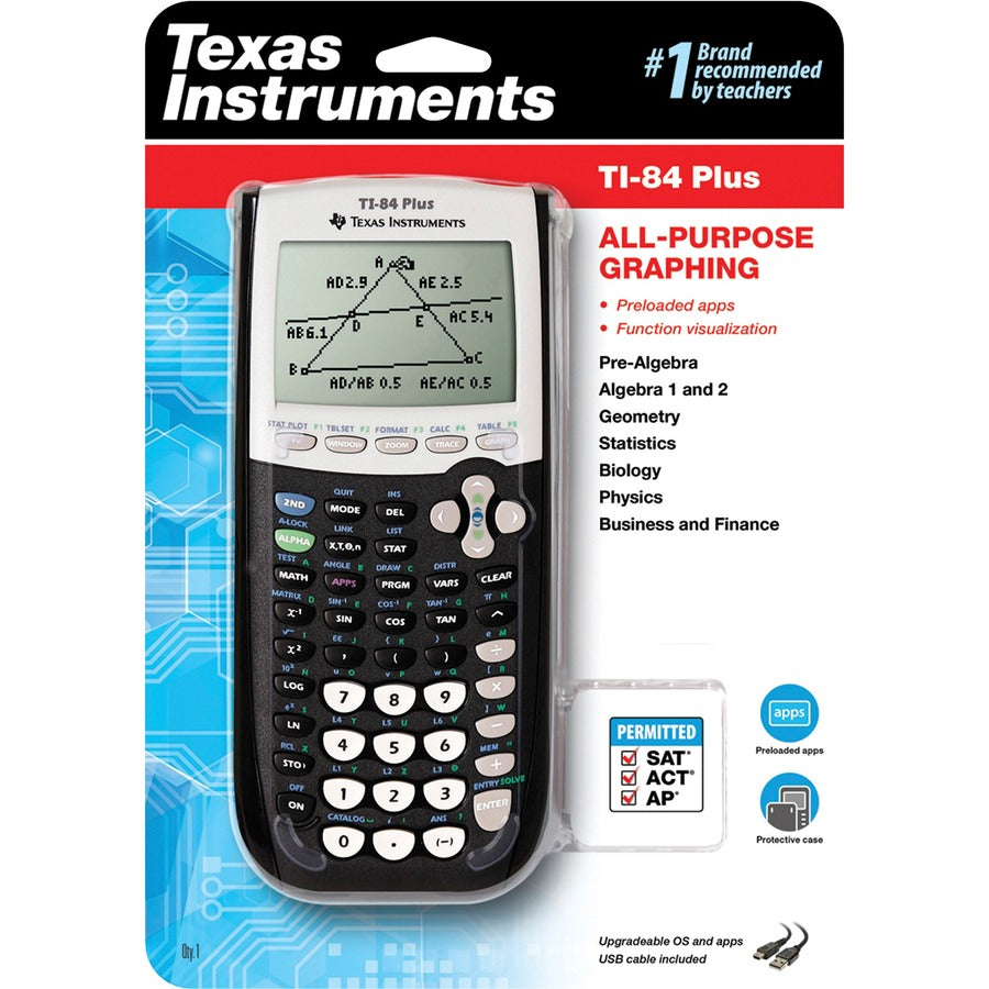 Texas Instruments TI-84 Plus Graphing Calculator - Clock, Date, Battery Backup - 24 KB, 480 KB - RAM, Flash - 8 Line(s) - 16 Digits - Battery Powered - 4 x AAA - 0.9" Height x 3.3" Width x 7.5" Depth - Black - 1 Each