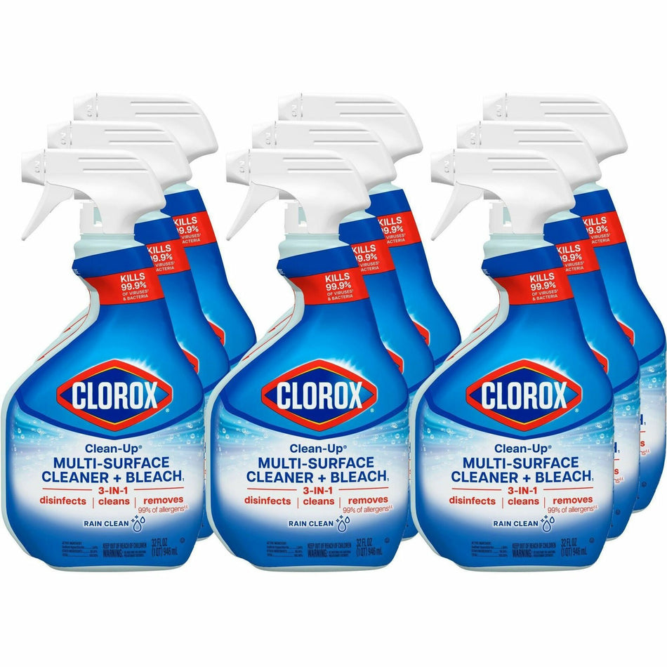 Clorox Clean-Up Multi-Surface Cleaner with Bleach - For Multipurpose - 32 fl oz (1 quart) - Rain Clean Scent - Recommended For: Stain Remover - Deodorize, Disinfectant, Easy to Use - Multi Spray Bottle - 9 / Carton