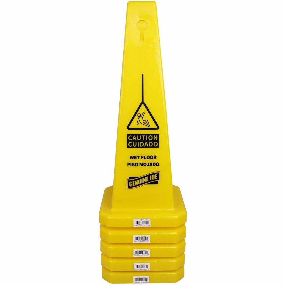 Genuine Joe Bright 4-sided Caution Safety Cone - English, Spanish - 10" Width x 24" Height x 10" Depth - Cone Shape - Stackable - Industrial - Polypropylene - Yellow - 5 / Carton