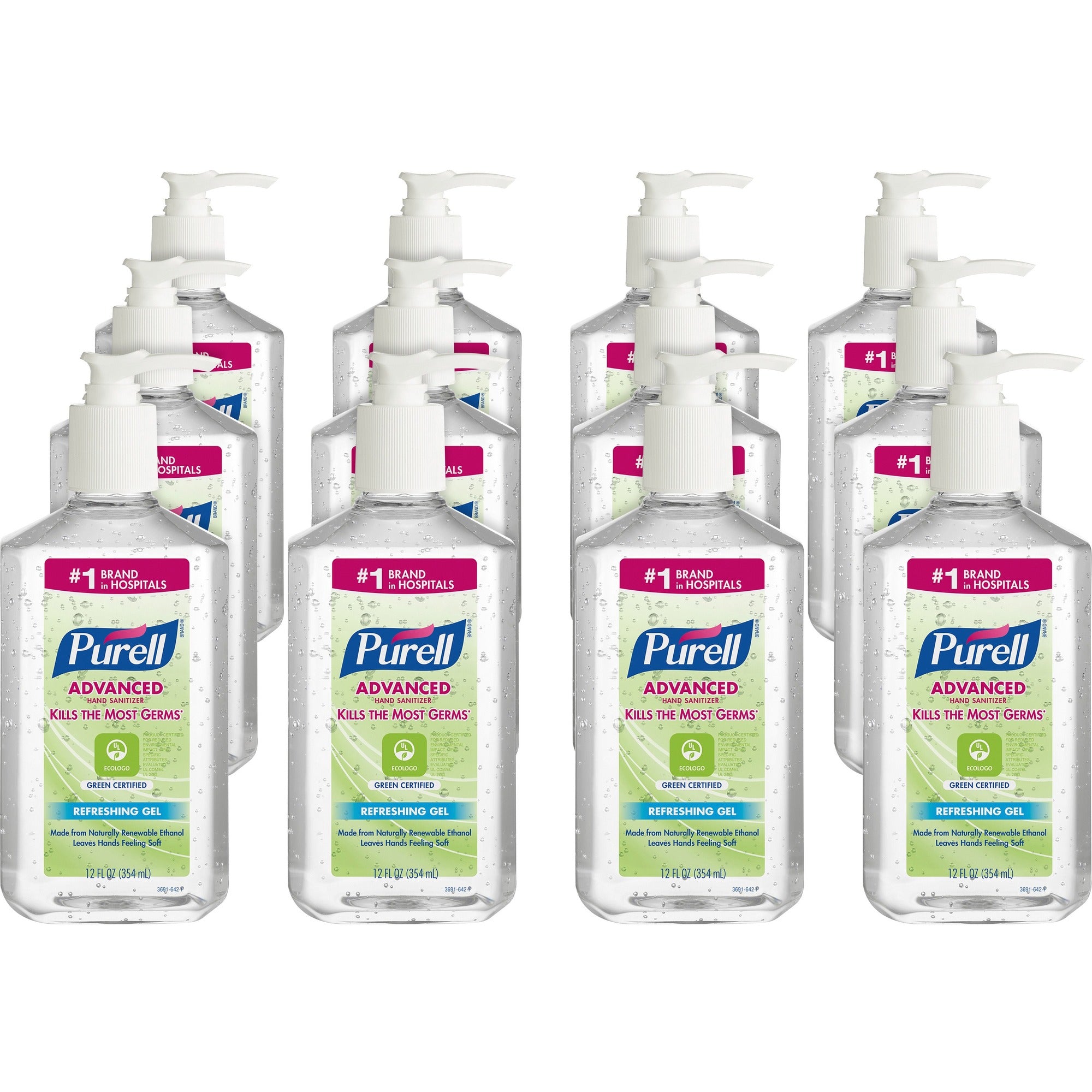 PURELL® Hand Sanitizer Gel - Fragrance-free Scent - 12 fl oz - Pump Bottle Dispenser - Kill Germs - Clear - 12 / Carton