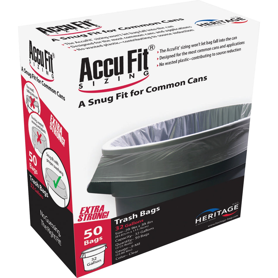 Heritage Accufit Reprime 32 Gallon Can Liners - 32 gal Capacity - 44" Length x 33" Width x 0.90 mil (23 Micron) Thickness - Low Density - Clear - Linear Low-Density Polyethylene (LLDPE) - Garbage - 50/Box - 6 / Carton