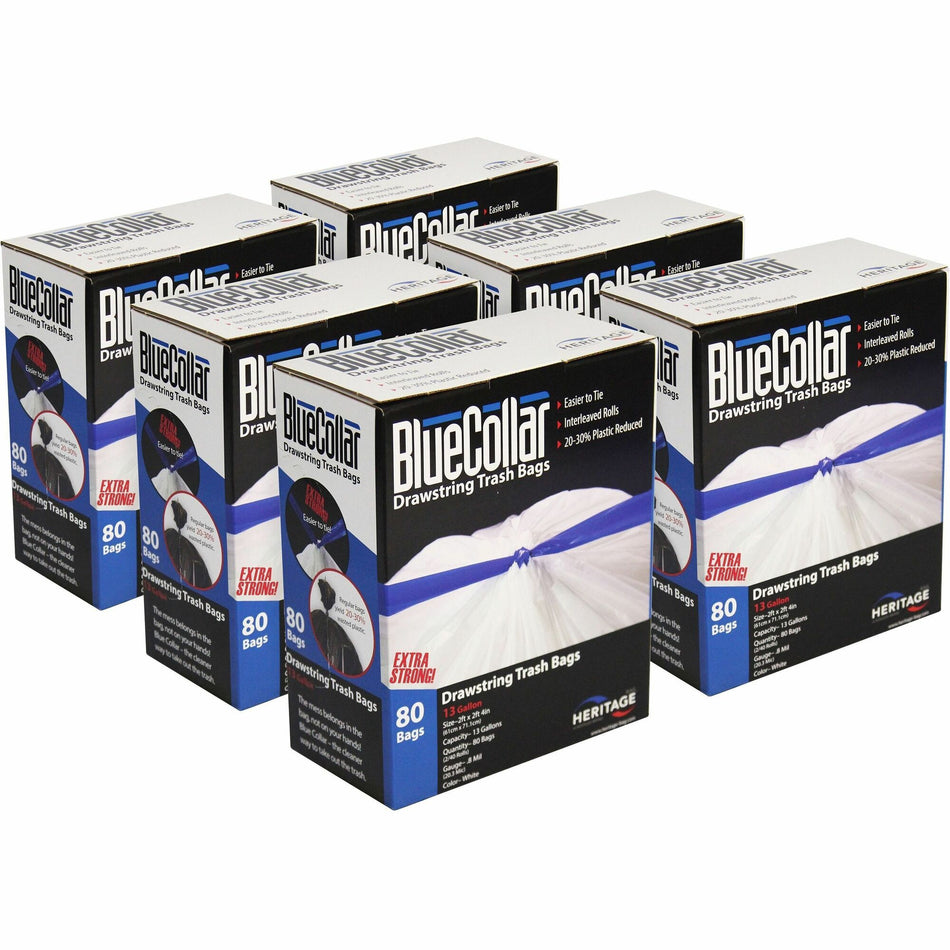 BlueCollar 13-gallon Drawstring Trash Bags - 13 gal Capacity - 28" Length x 24" Width x 0.80 mil (20 Micron) Thickness - Drawstring Closure - White - Garbage - 80/Box - 6 / Carton
