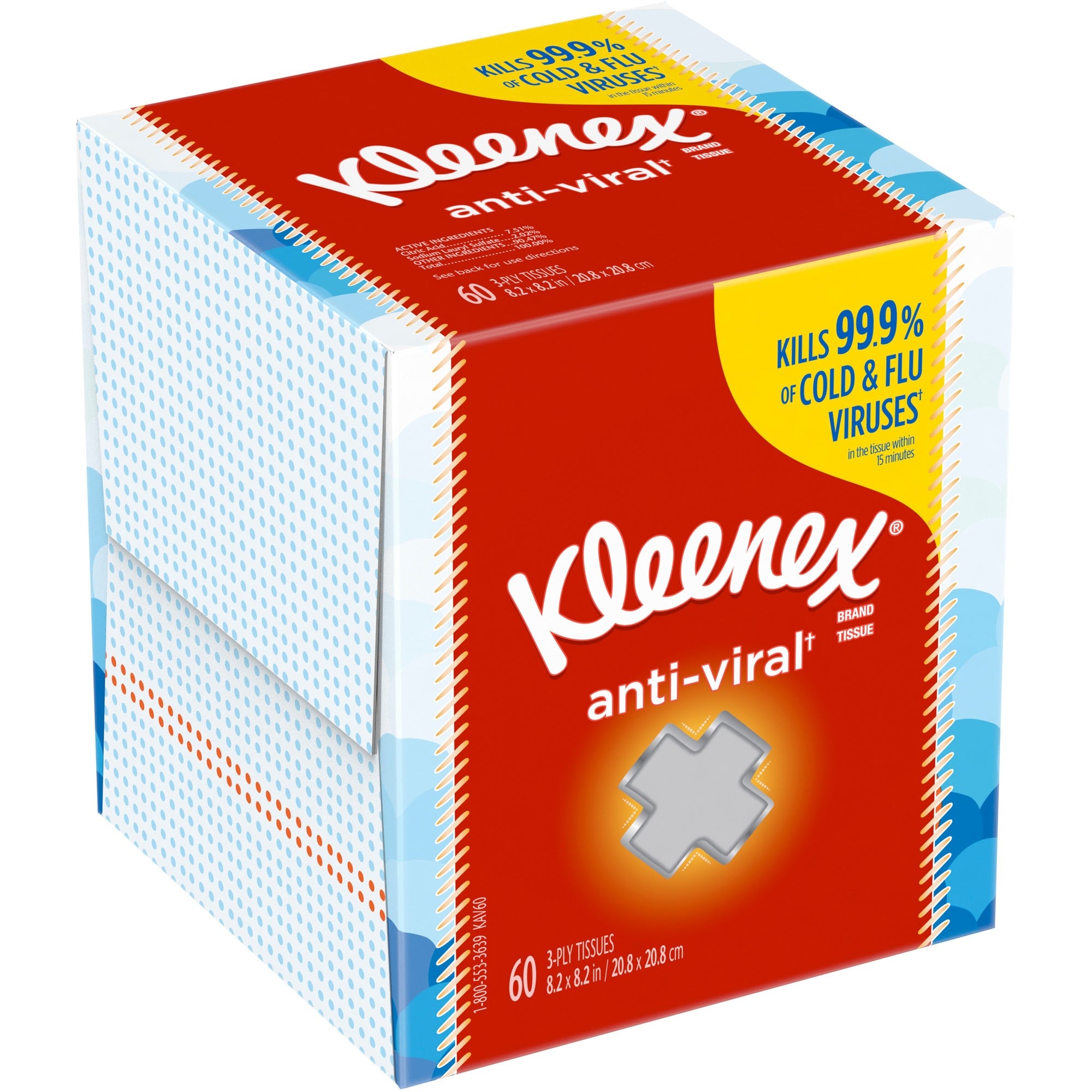 Kleenex Anti-Viral Facial Tissues - 3 Ply - 8.20" Width x 8.20" Length - White - 60/Box - 1 Each
