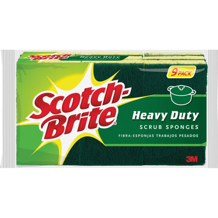 Scotch-Brite Heavy-Duty Scrub Sponges - 2.8" Height x 4.5" Width - 9/Pack - 5 / Carton - Yellow, Green