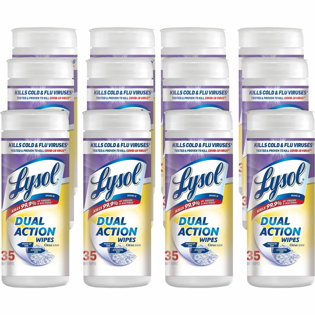 Lysol Dual Action Wipes - For Multi Surface - Citrus Scent - Recommended For: Stain Remover - White/Purple - 35/Tub - 12 / Carton